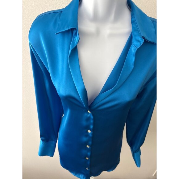 Zara Button Down Blouse Size XSmall Cobalt Blue Satin Corporate Core Polished - Picture 14 of 16